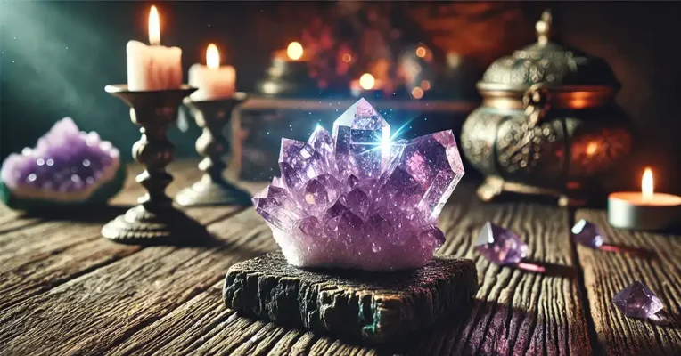 نمای نزدیک از یک کریستال آمتیست درخشان که با هاله‌ای بنفش نورانی شده و روی یک میز چوبی قدیمی قرار دارد، همراه با شمع‌های روشن در پس‌زمینه، به عنوان تصویر مقاله ی کدام سنگ ها قدرت ماورایی دارند