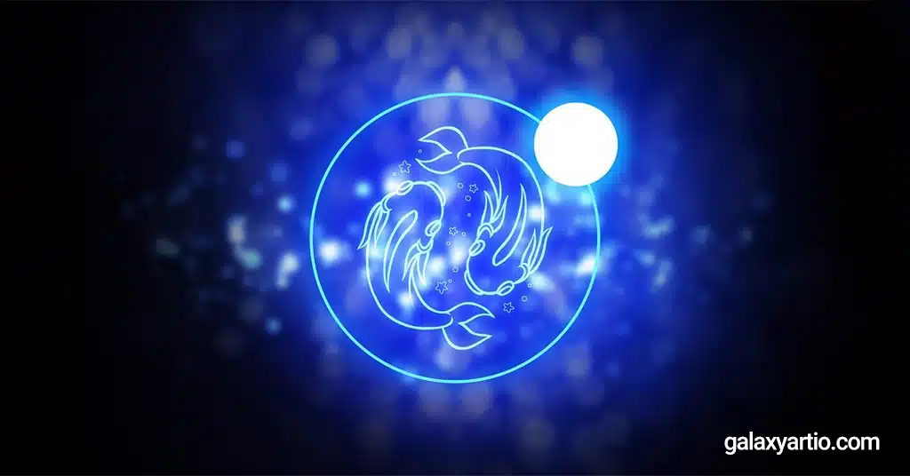 تصویر نشان برج حوت یا اسفند با نشان دادن دو ماهی روبروی هم با رنگ آبی نئونی، به عنوان تصویر مقاله سنگ های ماه تولد اسفند