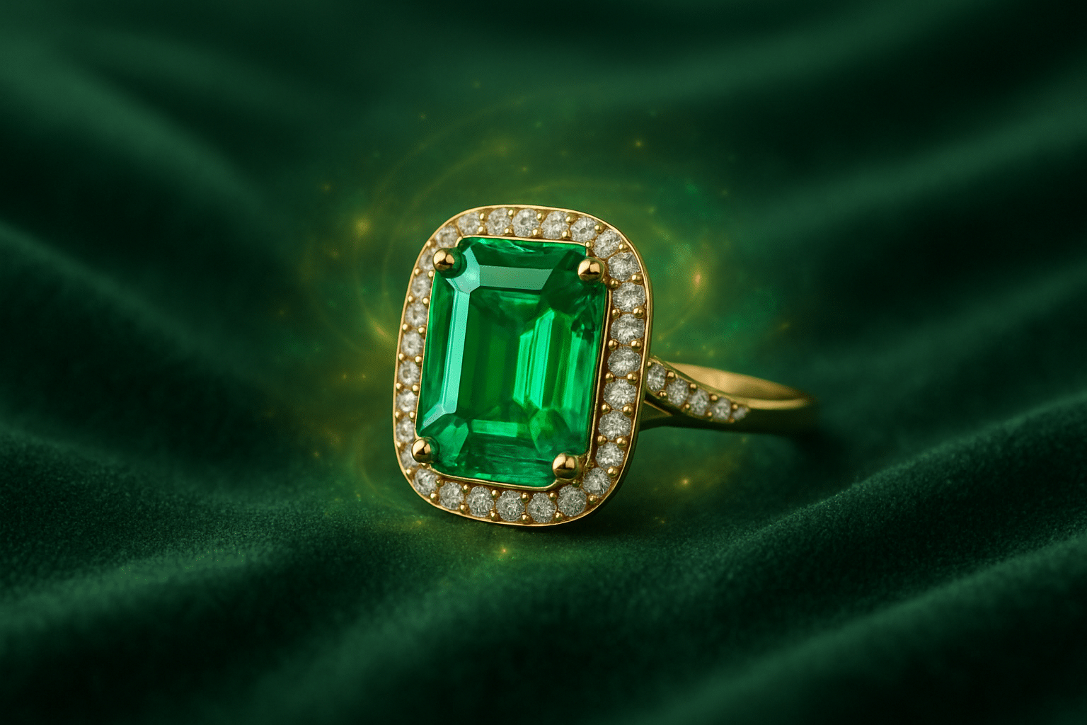 انگشتر زمرد طلایی با سنگ زمرد سبز تراش خورده و قاب الماسی