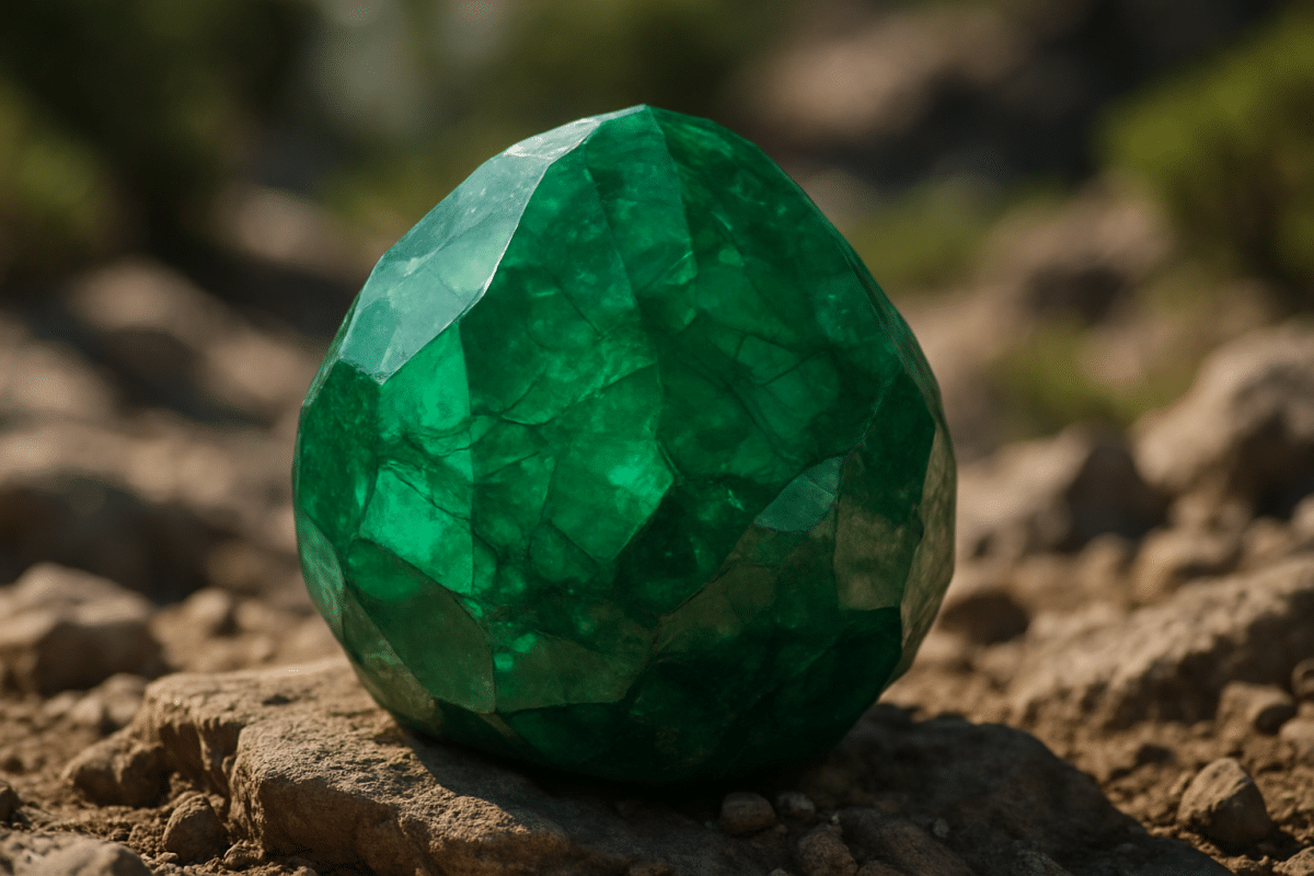 سنگ زمرد طبیعی سبز روی زمینه سنگی در طبیعت