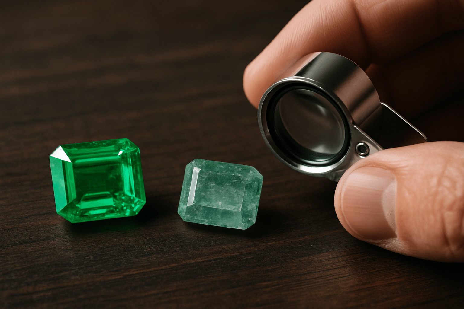 دو زمرد در حال بررسی با ذره‌بین جواهرشناسی روی میز چوبی