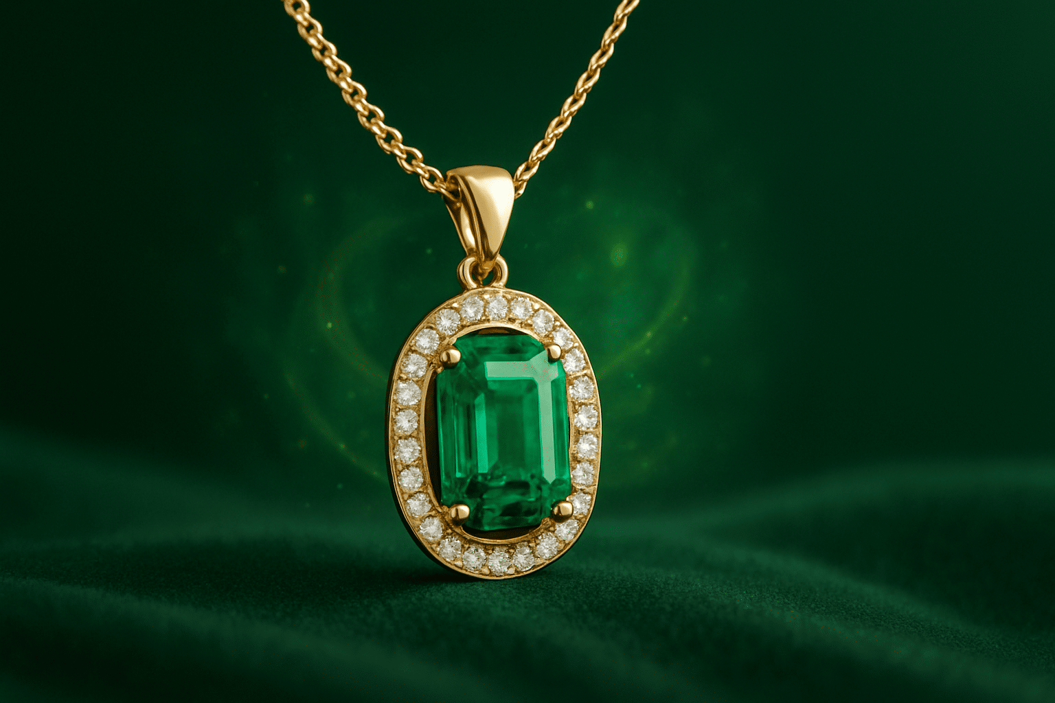 گردنبند زمرد طلایی با آویز سنگ زمرد سبز درخشان