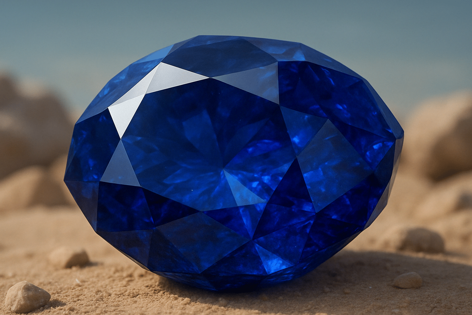 تصویر سنگ یاقوت کبود آبی تیره با برش چندوجهی