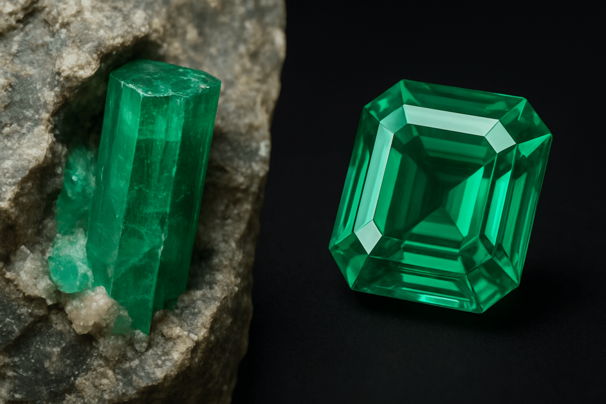 سنگ زمرد طبیعی سبز خام روی زمینه سنگی