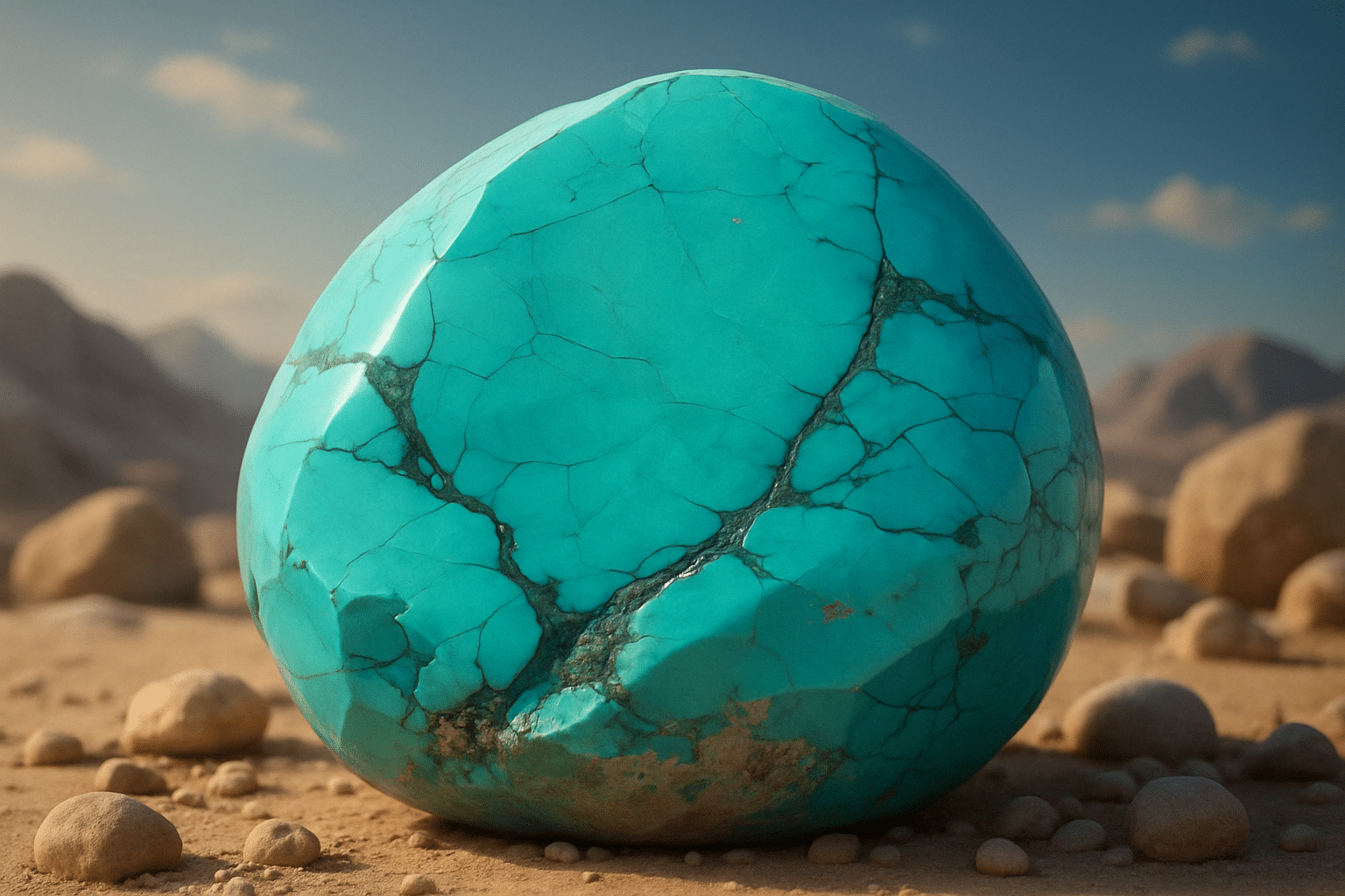 تصویر سنگ فیروزه آبی نیشابوری با رگه‌های طبیعی در نور طبیعی