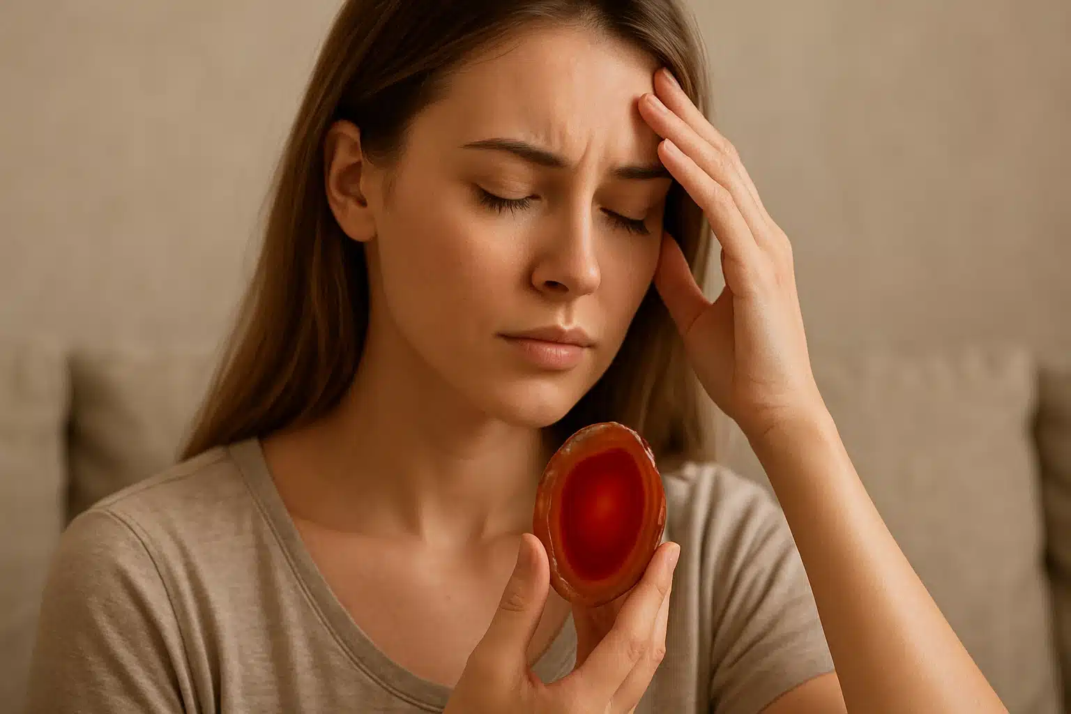 خواص سنگ عقیق زن جوانی که سنگ عقیق قرمز را در دست دارد و با چشمان بسته به آرامش ذهنی میرسد