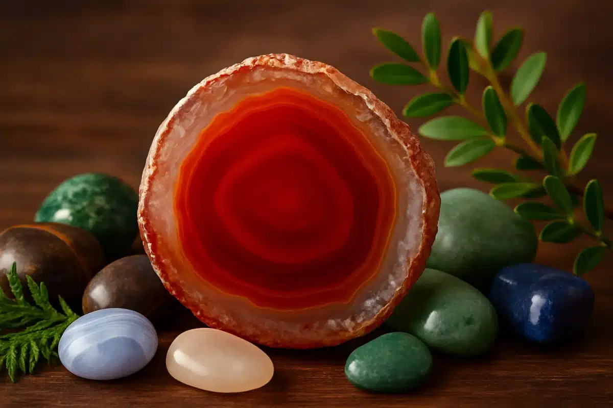 عکس سنگ عقیق قرمز با سنگ‌های رنگی دیگر و گیاه طبیعی روی سطح چوبی