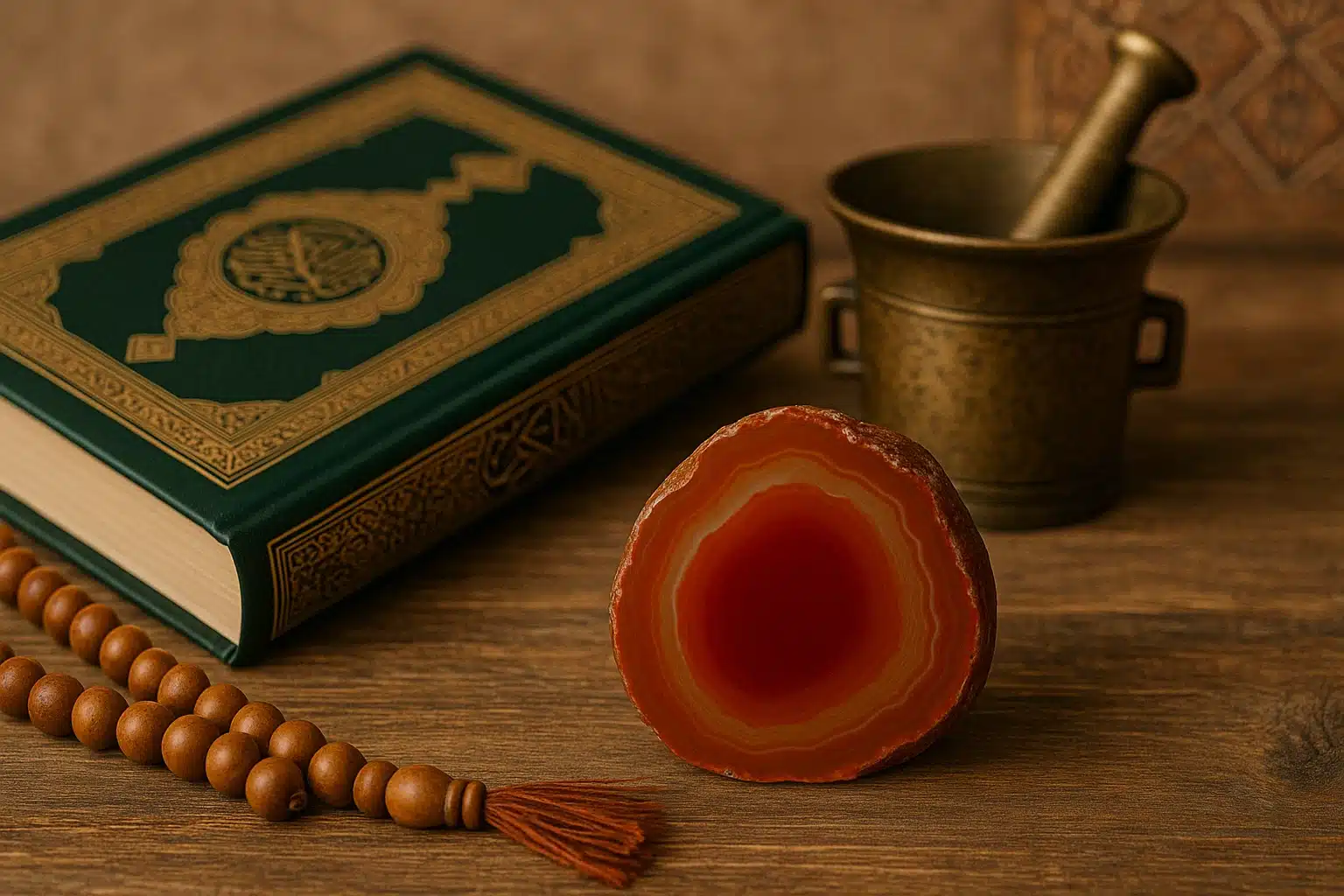 خواص سنگ عقیق عکس سنگ عقیق قرمز با قرآن، تسبیح چوبی و ابزار طب سنتی روی میز چوبی