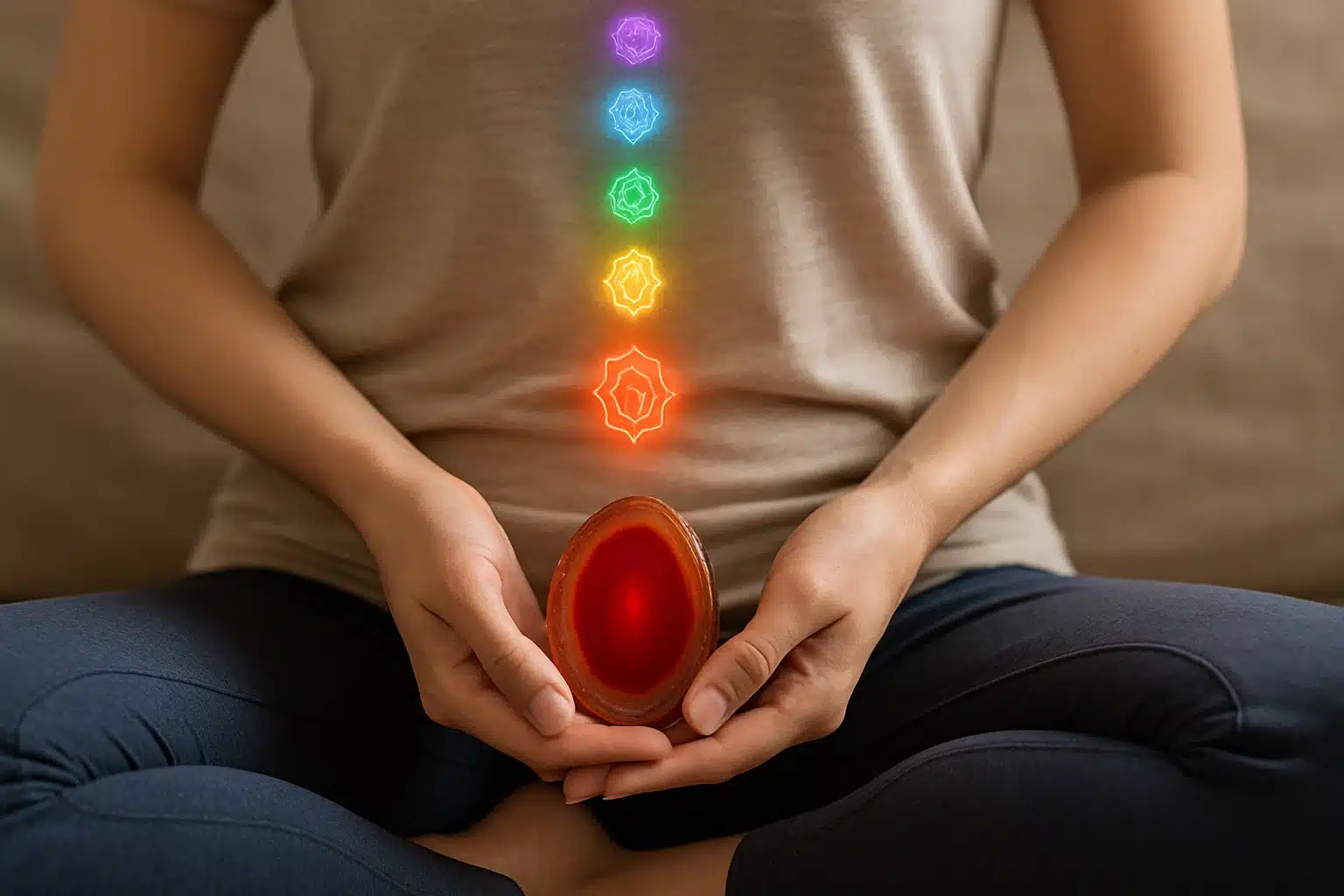 فردی در حالت مراقبه با سنگ عقیق روی چاکرای ریشه و نمادهای چاکرا در امتداد بدن