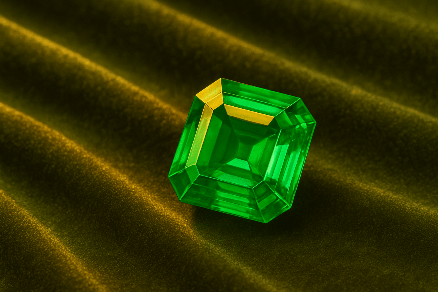سنگ زمرد تراش‌خورده سبز روشن روی پارچه مخمل سبز با نور طلایی