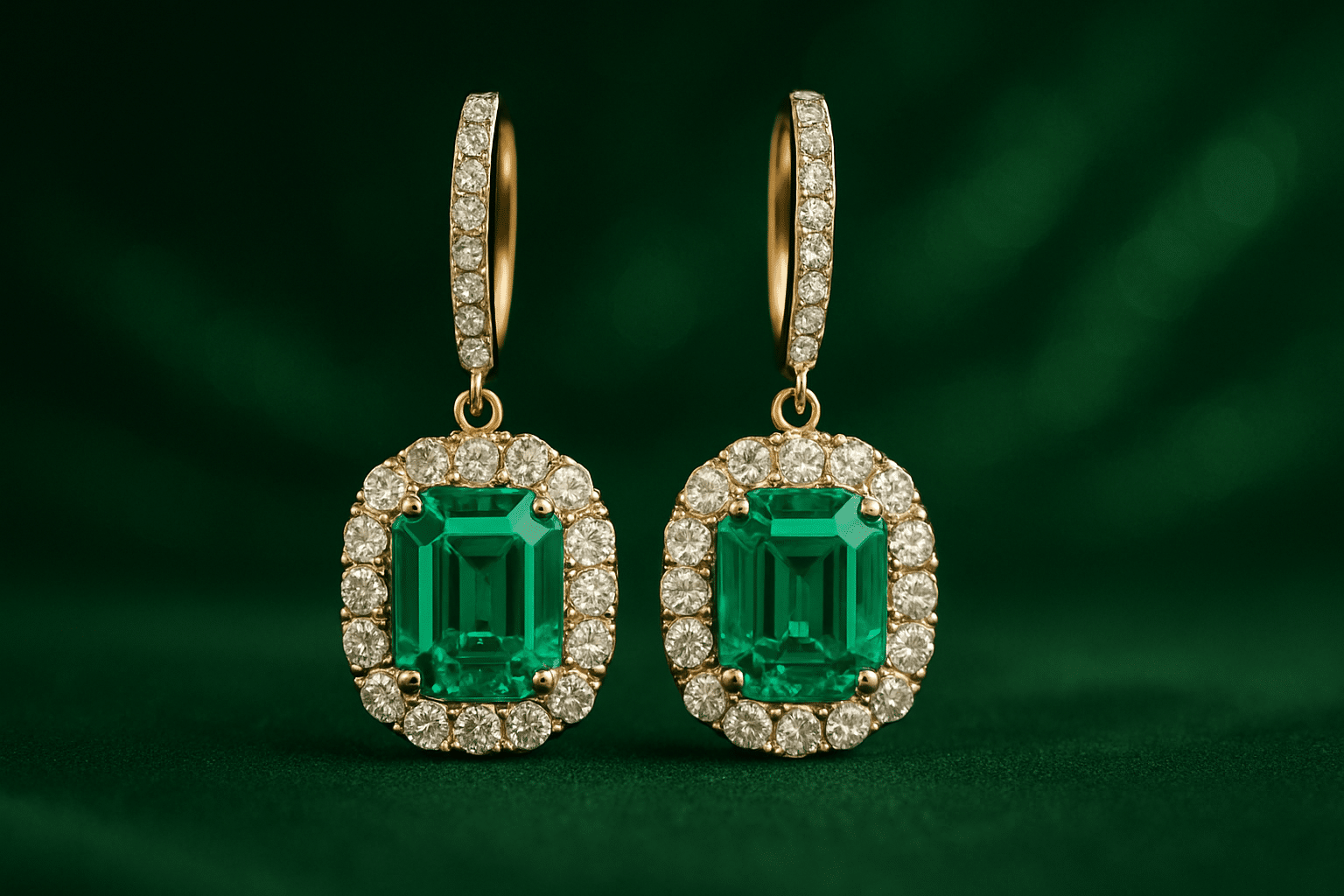 نمای نزدیک از جفت گوشواره زمرد اصل روی زمینه سبز