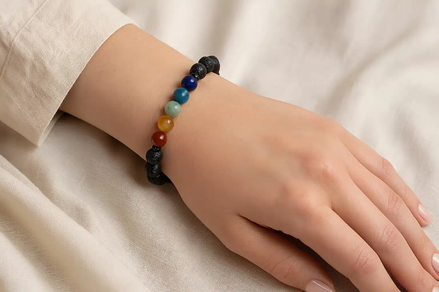 دستبند چاکرا با سنگ‌های رنگی روی لباس روشن زنانه