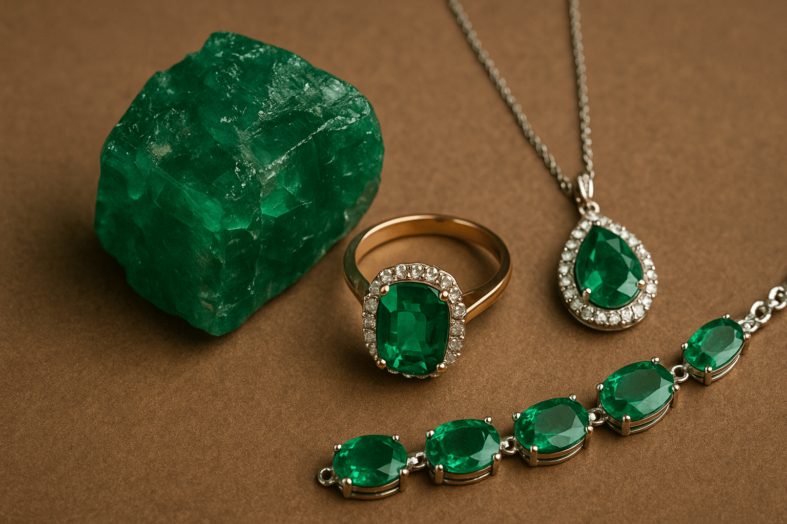 سنگ زمرد طبیعی خام با رنگ سبز درخشان روی زمینه سنگی، نمایش زیبایی و خلوص زمرد برای استفاده در زیورآلات هنری و دستبندهای طبیعی