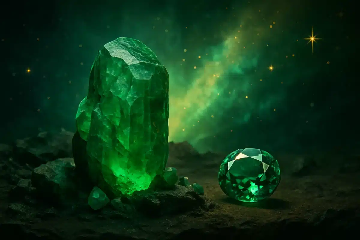 پس‌زمینه تصویر فضایی رویایی و کهکشانی با نورهای ستاره‌ای است که حال‌وهوای افسانه‌ای سنگ زمرد به تصویر می‌بخشد.