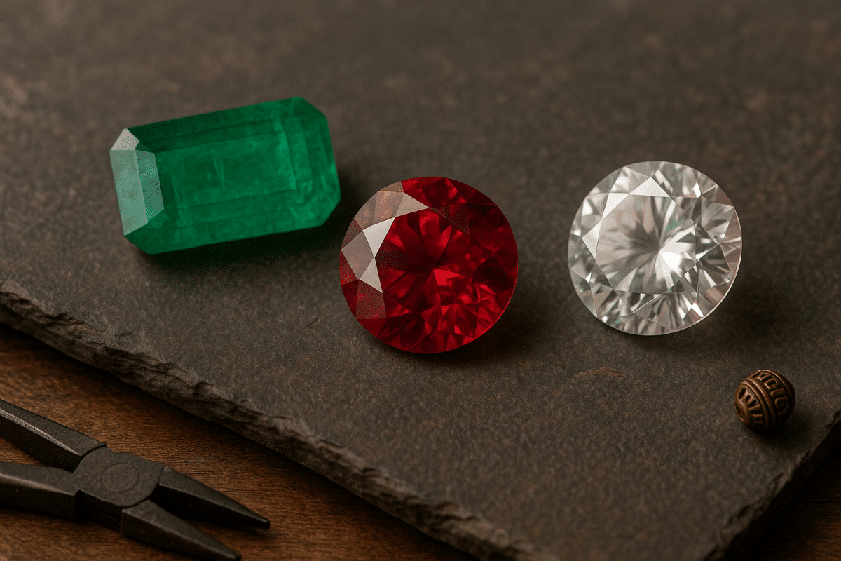 تصویر حرفه‌ای از سه سنگ قیمتی تراش‌خورده شامل زمرد، یاقوت و الماس