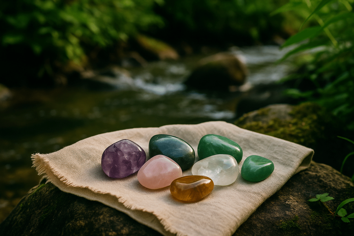 سنگ‌های قیمتی روی پارچه طبیعی کنار جریان آب روان