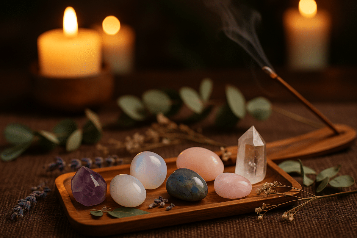 سنگ‌های قیمتی کنار شمع و عود در فضای مدیتیشن