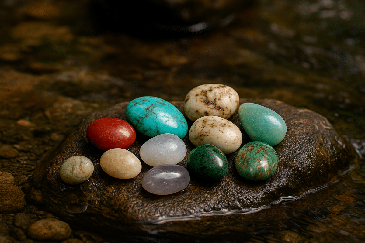 تصویر واقعی از سنگ‌های قیمتی رودخانه‌ای صیقلی روی سنگ خیس در جریان آب