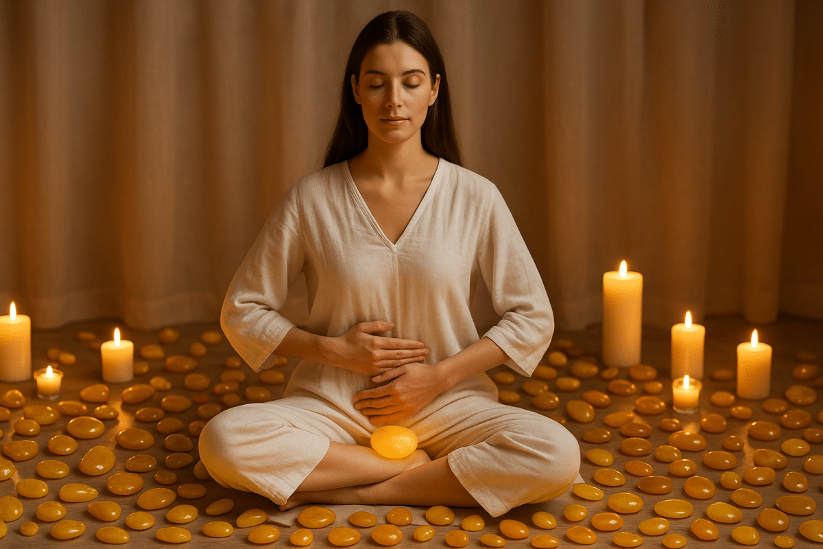 دختر در حال مدیتیشن در میان سنگ‌های طبیعی عقیق زرد برای تقویت چاکرای سوم