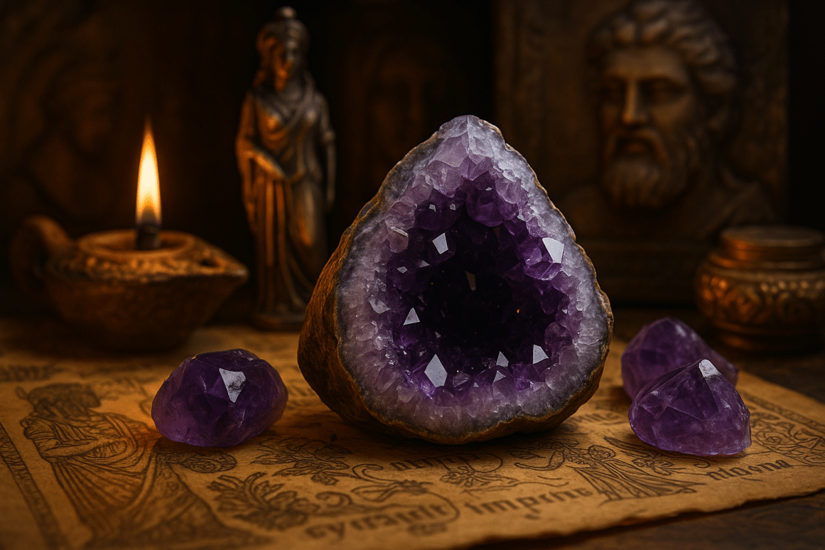 سنگ آمیتیست بنفش در کنار نمادهای تاریخی و باستانی