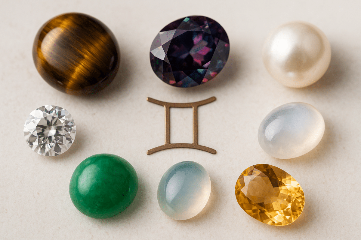 تصویر افقی سنگ‌های ماه تولد خرداد شامل مروارید، مون استون، زمرد، الکساندریت، یاقوت سفید، کریزوپراس، سیترین و چشم ببر.