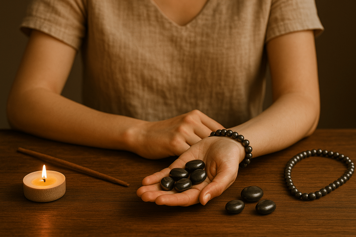 دستبند سنگ حدید در دست دختر روی میز چوبی