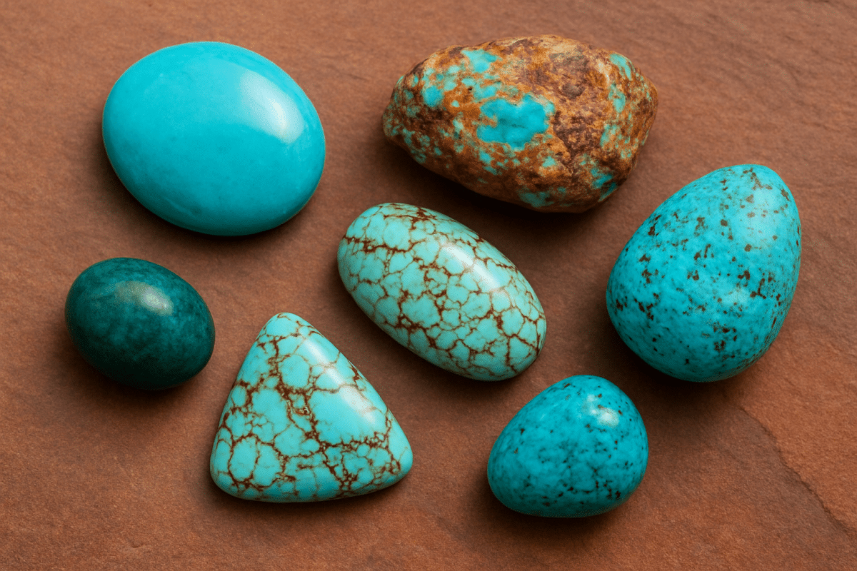 شش مدل متنوع سنگ فیروزه در رنگ‌های آبی و سبز روی زمینه سفید