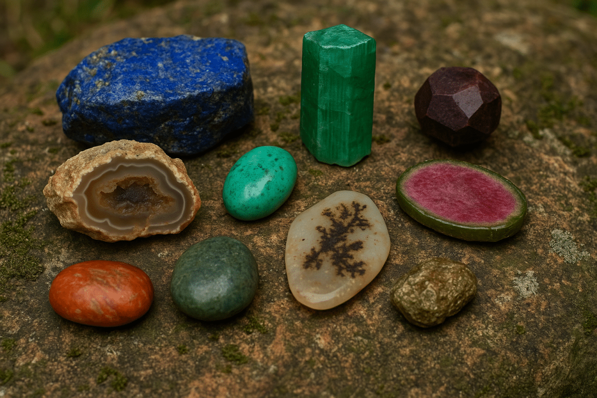 "فرم خام سنگ‌های قیمتی رودخانه‌ای با نورپردازی طبیعی برای استفاده در طراحی جواهرات"