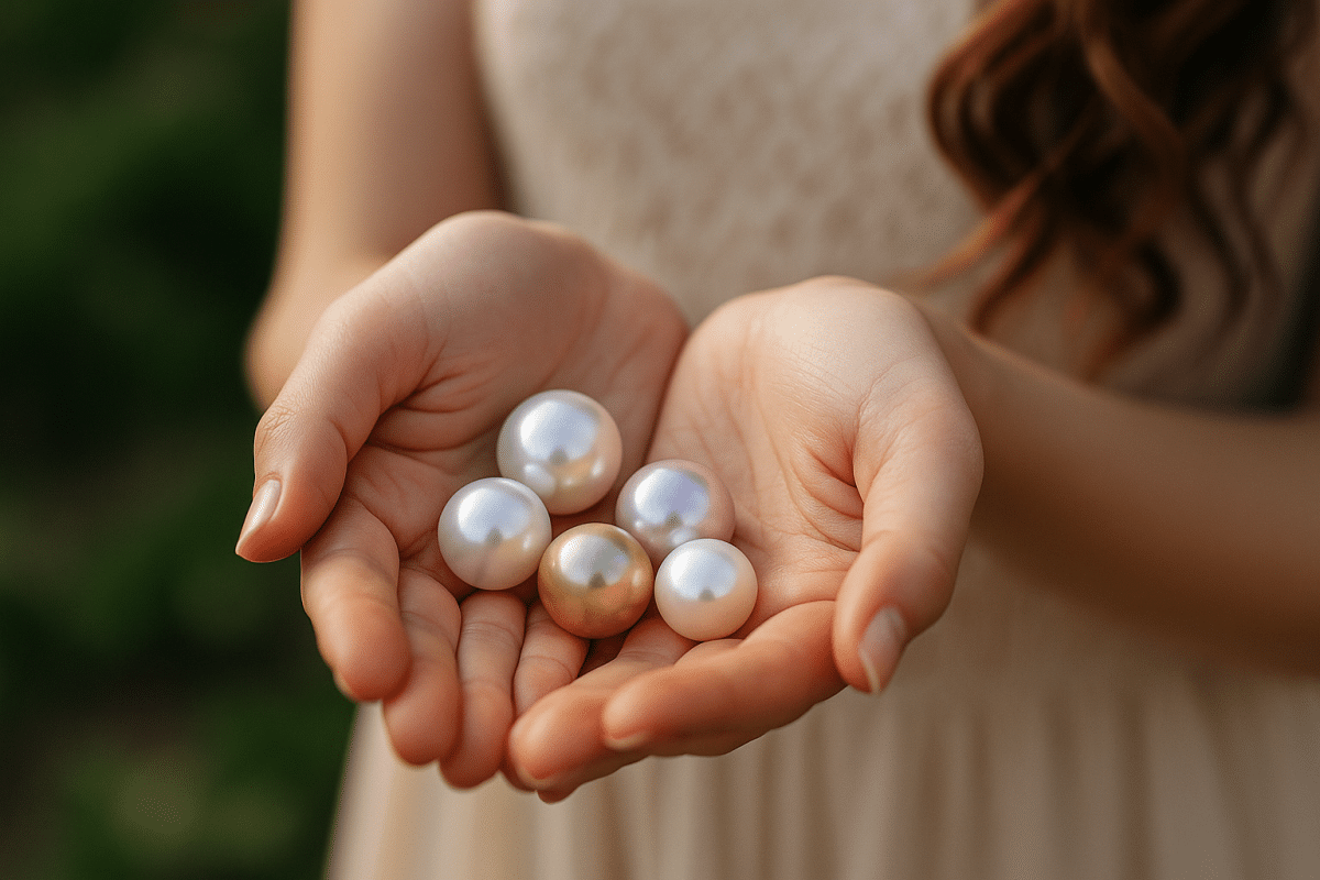 دست دخترانه با چند مروارید رنگی، نمادی از سنگ ماه تولد خرداد.