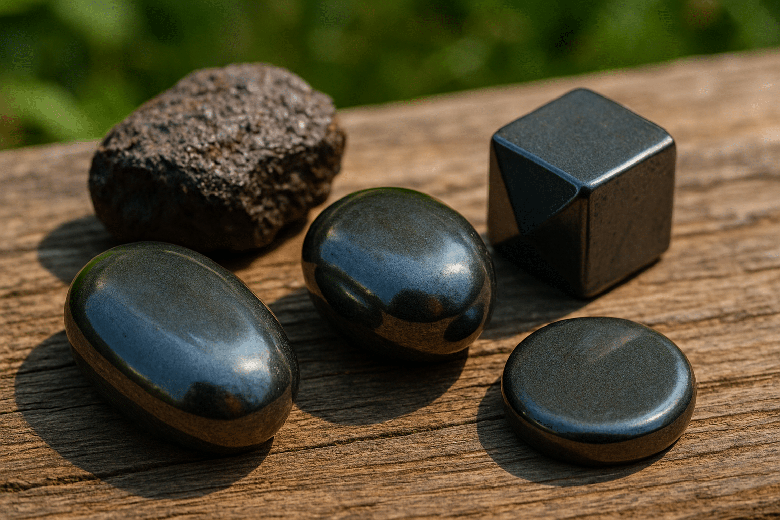 سنگ حدید طبیعی با جلای فلزی روی سطح چوبی در طبیعت