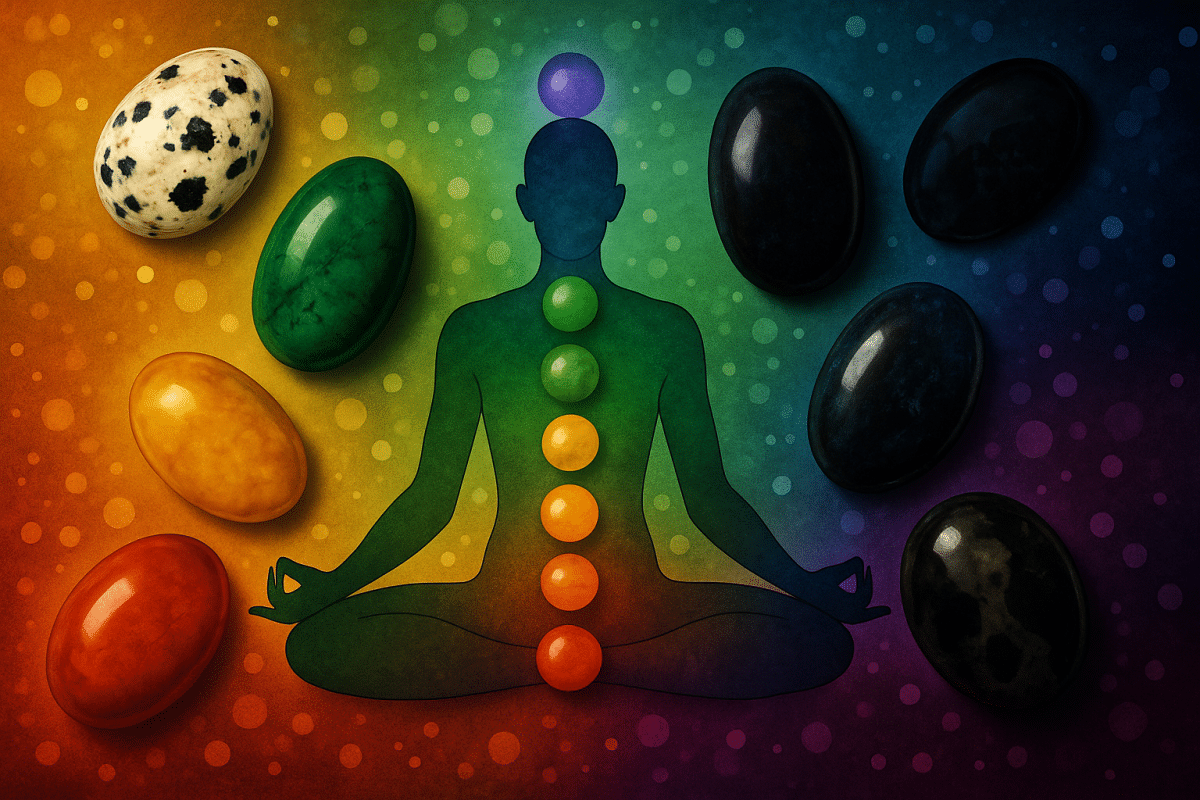 تصویر مدیتیشن با چاکراهای هفت‌گانه و سنگ‌های رنگی متناسب با هر چاکرا.