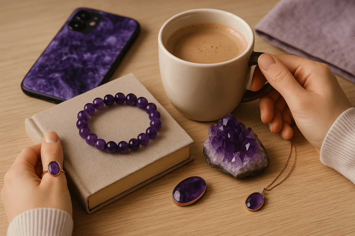 سنگ آمیتیست طبیعی در کنار زیورآلات دست‌ساز