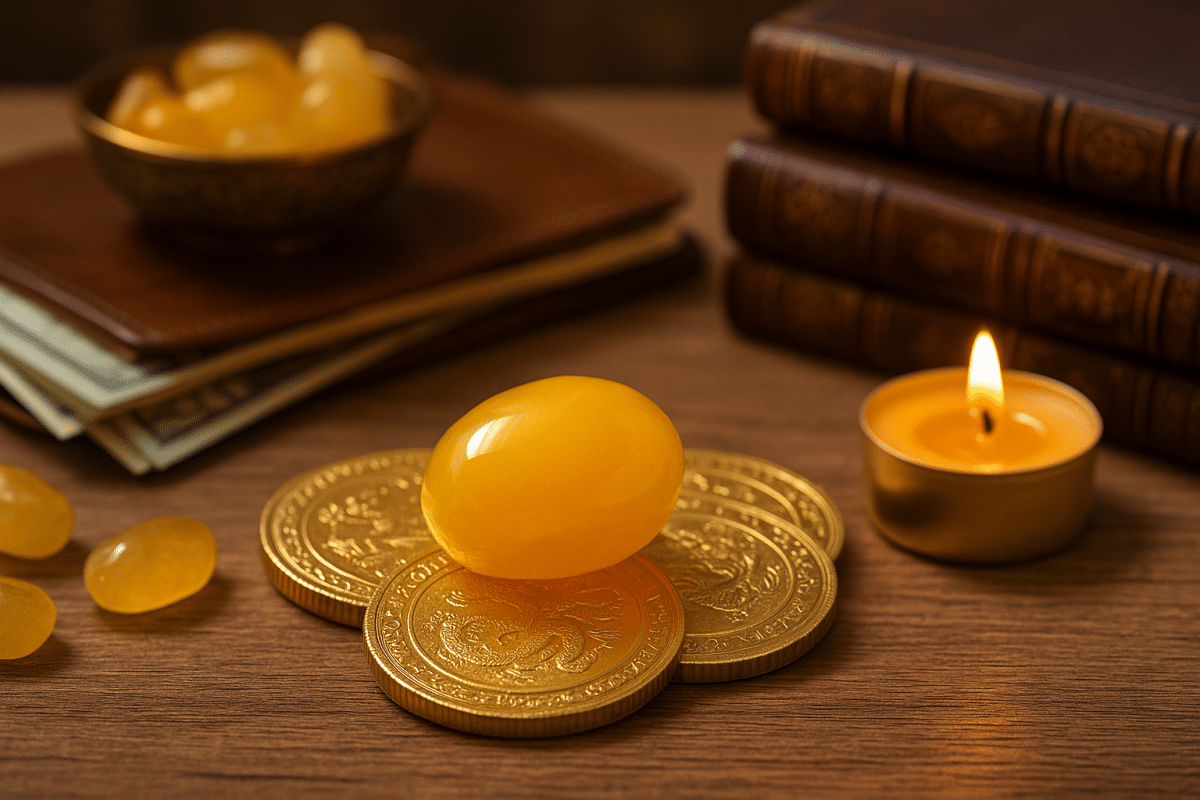 سنگ عقیق زرد براق بر روی سکه‌های طلایی در فضای نمادین ثروت