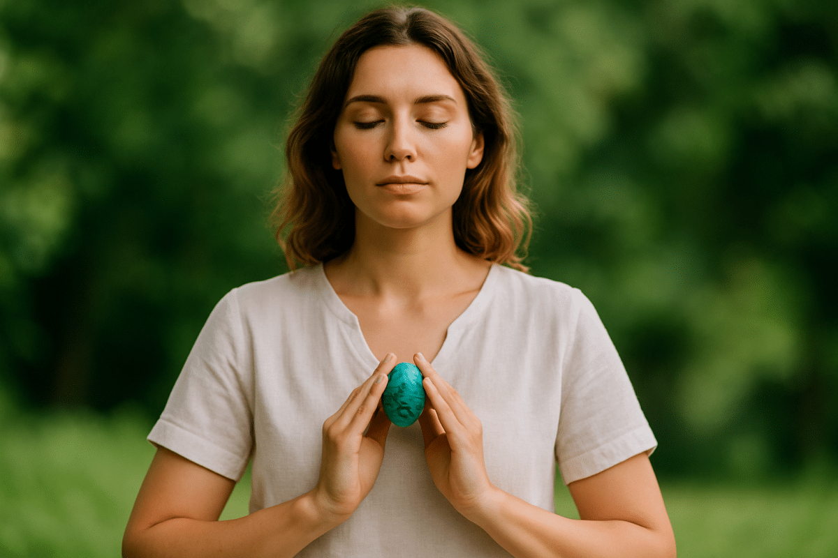 زن مدیتیشن‌کننده با لباس سفید در حال نگه‌داشتن سنگ فیروزه بر قلب