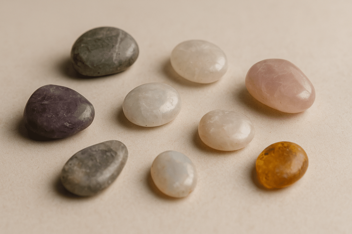 سنگ‌های قیمتی کدر و کم‌انرژی روی میز مینیمال