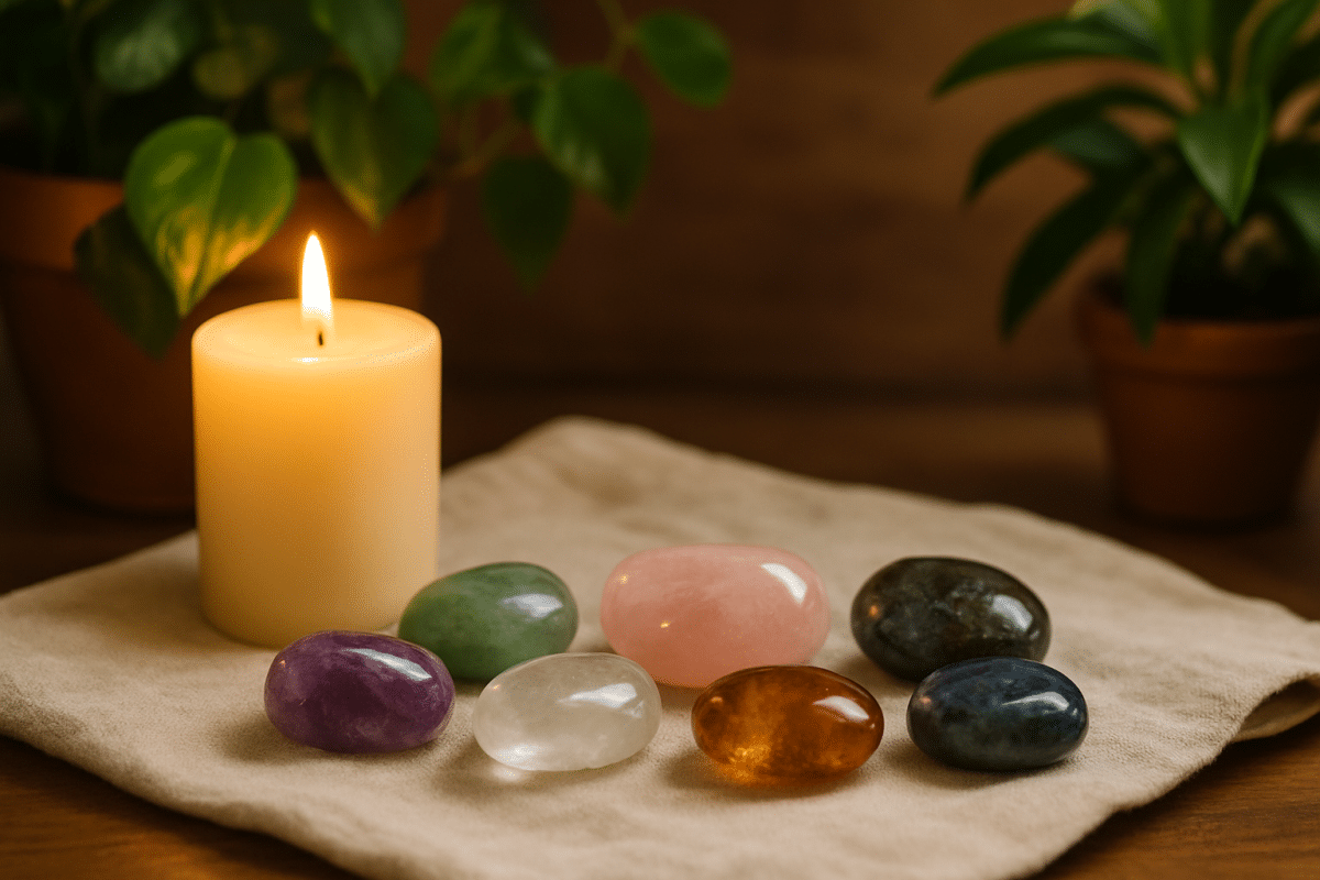 سنگ‌های قیمتی در کنار شمع و گیاهان خانگی برای ایجاد حس آرامش