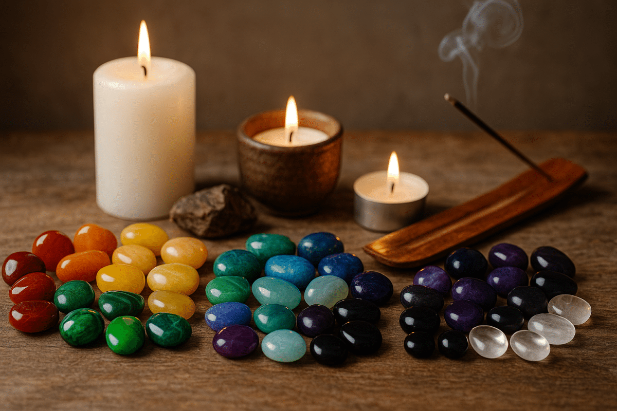 سنگ‌های چاکرا در کنار شمع‌ها و عود برای رنگ درمانی با سنگ‌ها و پاکسازی انرژی.