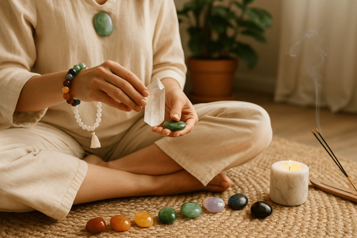 زنی در حال استفاده از سنگ‌های چاکرا برای رنگ درمانی در محیطی آرام و طبیعی.