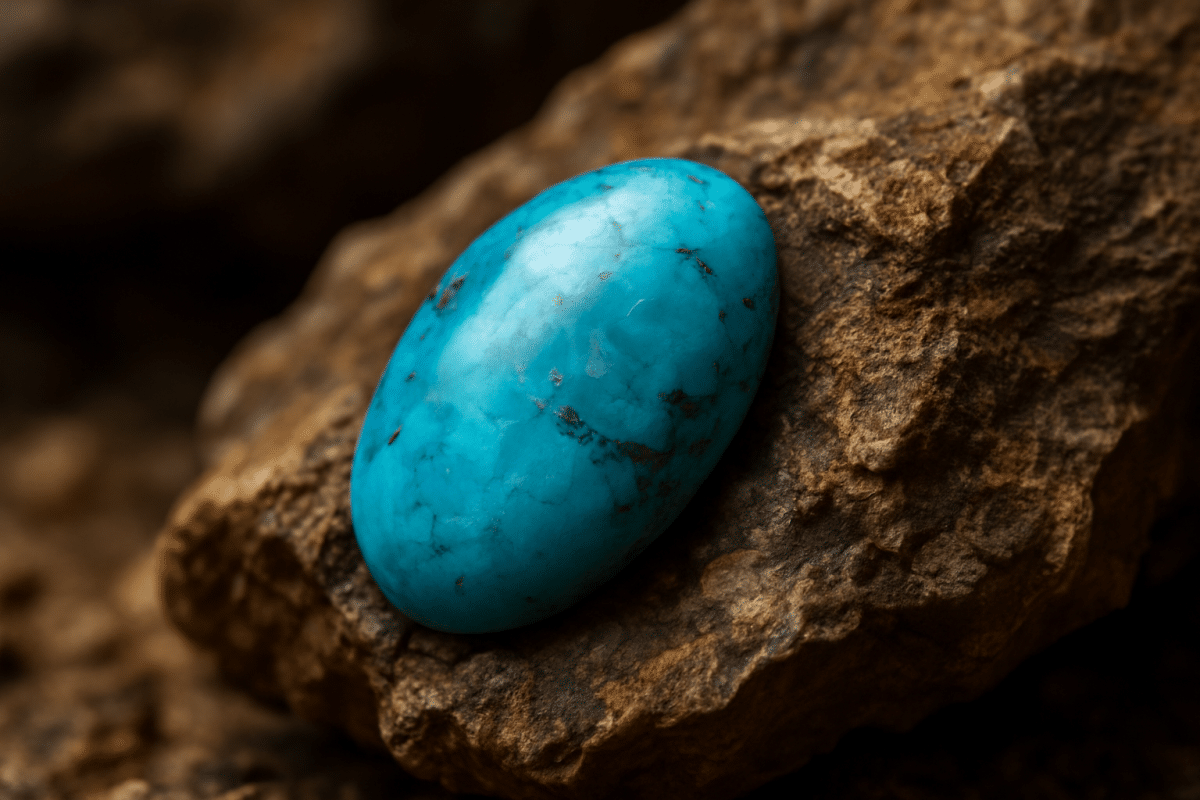سنگ فیروزه نگینی با رنگ آبی درخشان بر زمینه سنگ طبیعی
