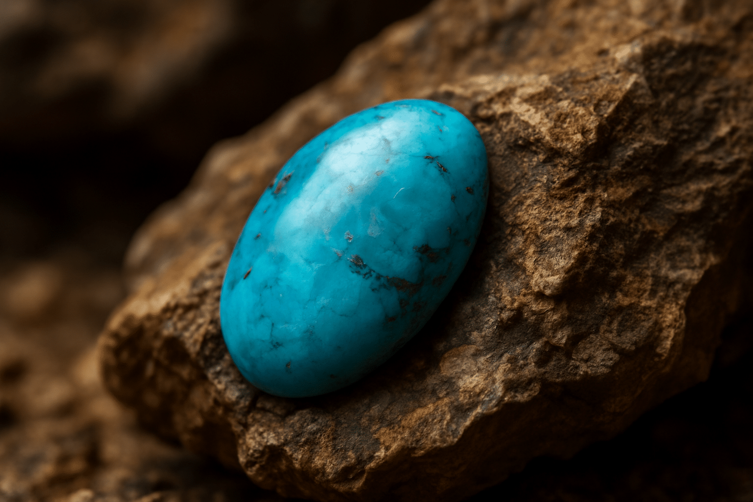 سنگ فیروزه نگینی با رنگ آبی درخشان بر زمینه سنگ طبیعی