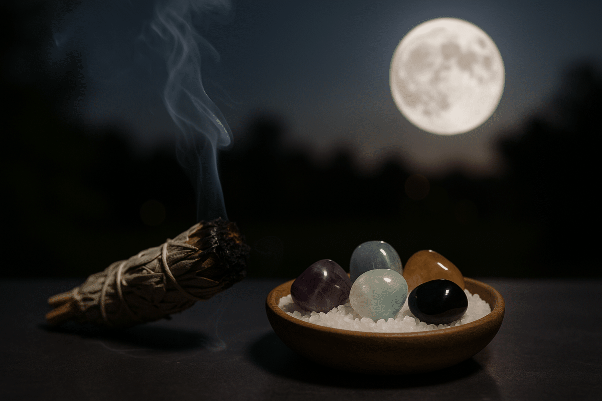 مراحل پاکسازی سنگ‌ها با نمک دریا و دود مریم گلی در شب ماه کامل