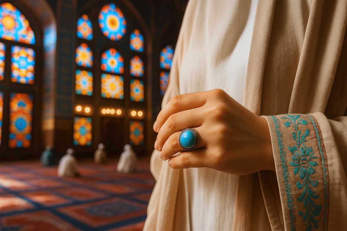 انگشتر فیروزه اسلامی بر دست زن در فضای مقدس مسجد با پنجره‌های رنگی