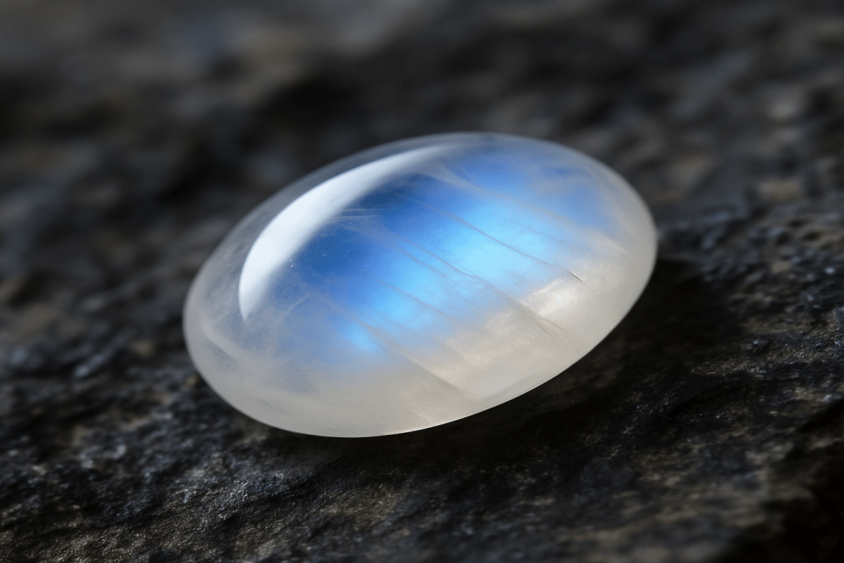 تصویر افقی از سنگ ماه تولد خرداد، مون استون درخشان با رنگ‌های آبی و سفید.