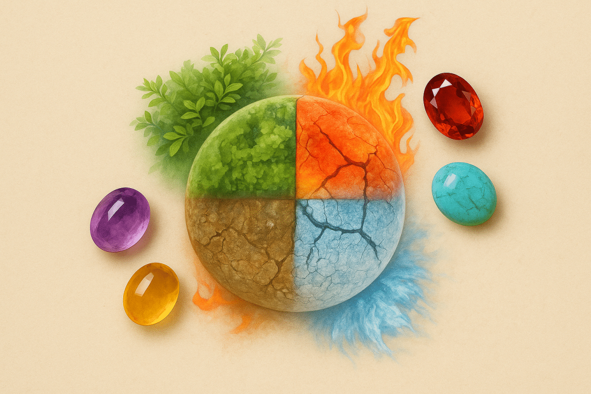 کره سنگی چهاربخشی نماد آتش، آب، باد و خاک با سنگ‌های قیمتی اطراف