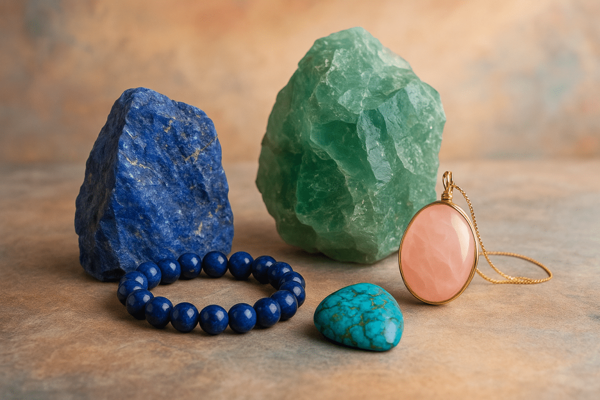 تصویر مفهومی و واقعی از بهترین سنگ‌ قیمتی ایران شامل لاجورد، فلوریت، فیروزه و رز کوارتز