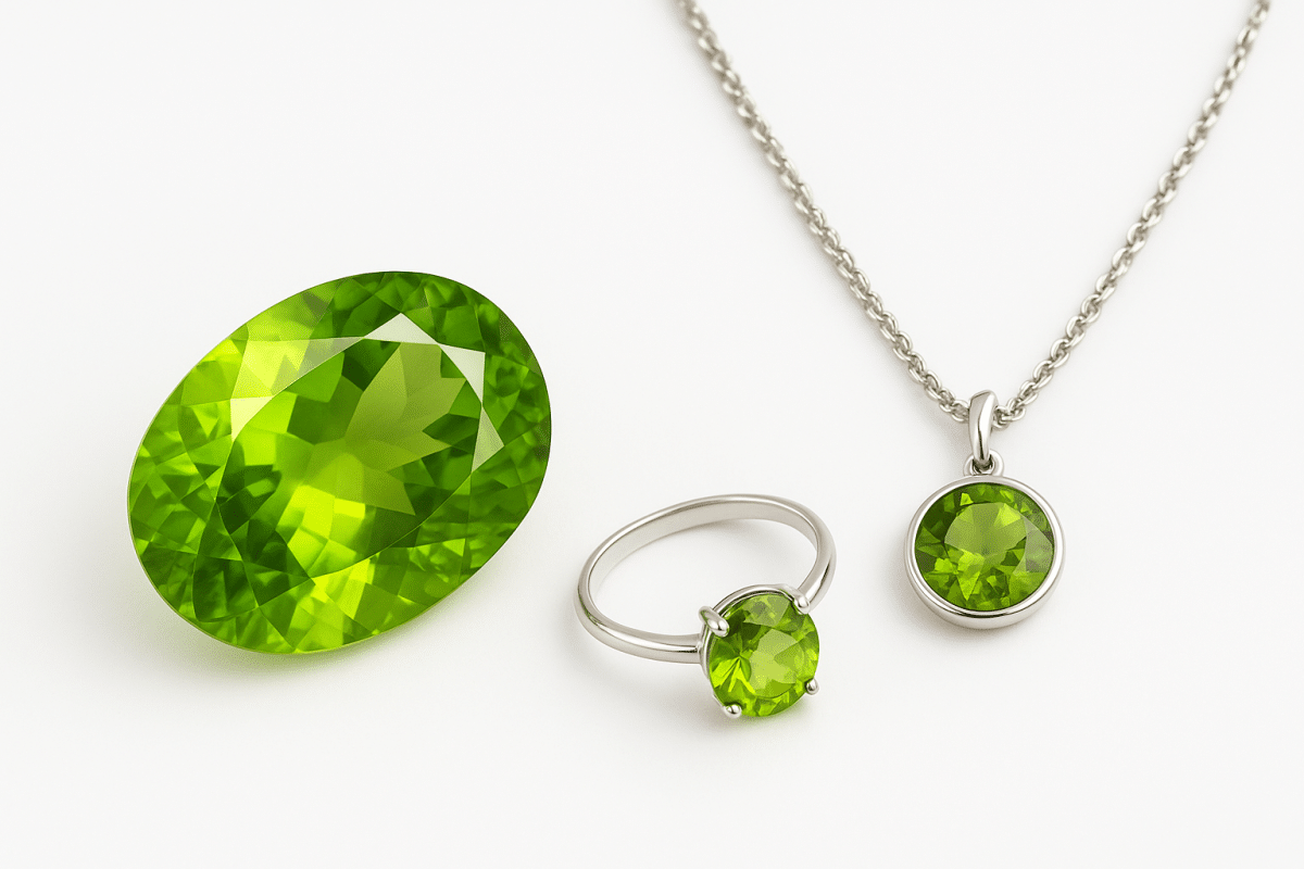 نمای نزدیک از سنگ زبرجد به عنوان سنگ ماه تولد مرداد با زمینه سفید