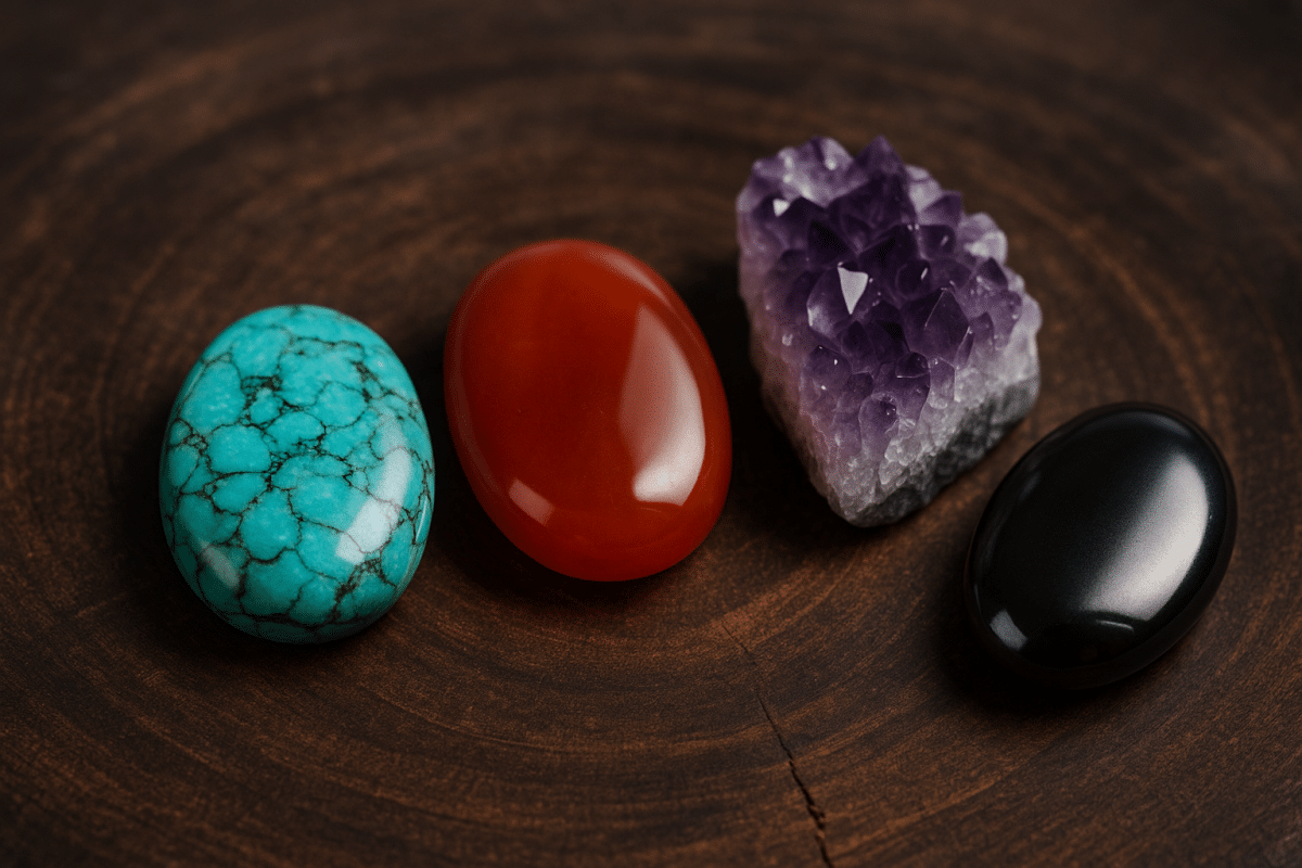 تصویر مفهومی از بهترین سنگ‌ قیمتی ایران شامل فیروزه نیشابور، عقیق سرخ، آمیتیست خوشه‌ای و حدید