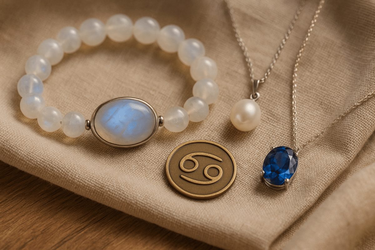 تصویر افقی دستبند مون استون مخصوص متولدین تیر روی زمینه پارچه‌ای کرم‌رنگ