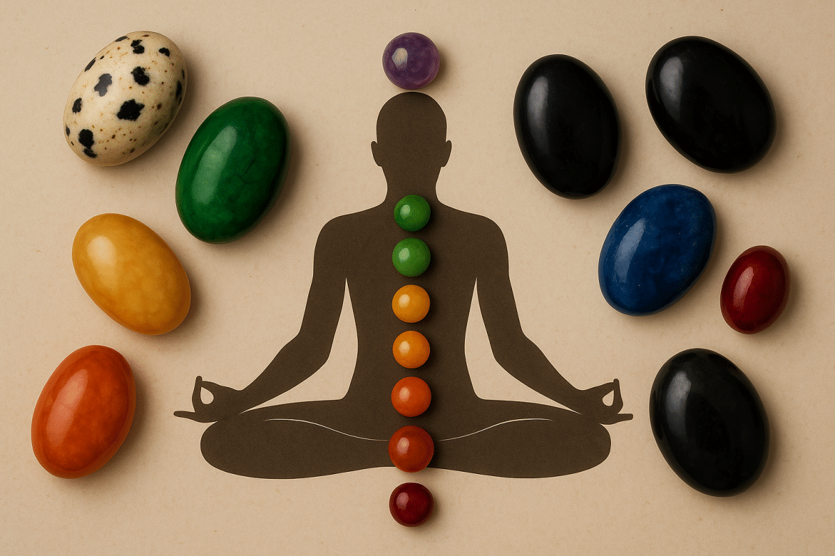 تصویر افقی از چاکراهای بدن انسان با سنگ‌ قیمتی روی پس‌زمینه نود