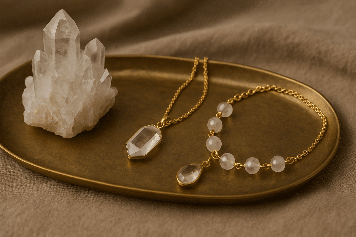 جواهرات ساخته شده از سنگ کریستال کوارتز روی سینی برنجی